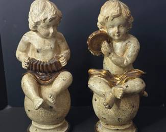 Pair of Cherub Figurines playing musical instruments