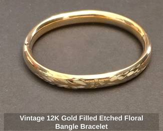 Vintage 12KT Gold Filled Etched Floral Bangle Bracelet