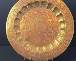 Vintage Brass Enamel Peacock Plate with Floral and Fruit Motifs