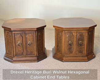 Drexel Heritage Burl Walnut Hexagonal Cabinet End Tables