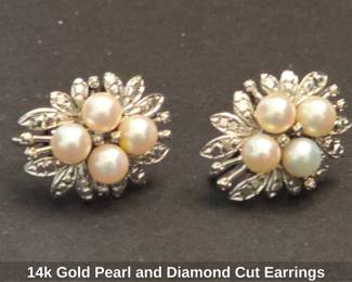 14kt Gold Pearl and Diamond Cut Earrings