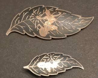 Vintage Sterling Silver Siam Niello Leaf Brooch Set
