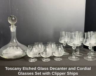 Toscany Etched Glass Decanter and Cordial Glasses Set with Clipper Ships