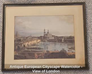 Antique European Cityscape Watercolor View of London