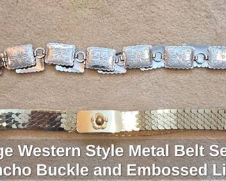 Vintage Western Style Metal Belt Set with Concho Buckle and Embossed Links