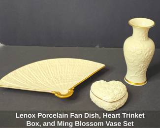 Lenox Porcelain Fan Dish, Heart Trinket Box, and Ming Blossom Vase Set