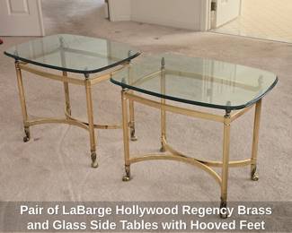 Pair of LaBarge Hollywood Regency Brass and Glass Side Tables with Hooved Feet