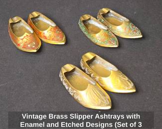 Vintage Brass Slipper Ashtrays with Enamel and Etched Designs Set of Pairs
