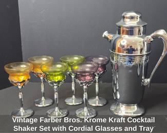 Vintage Farber Bros. Krome Kraft Cocktail Shaker Set with Cordial Glasses and Tray