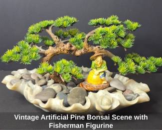 Vintage Artificial Pine Bonsai Scene with Fisherman Figurine