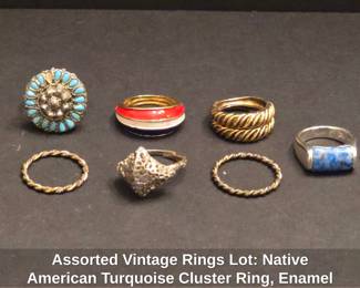 Assorted Vintage Rings Lot Native American Turquoise Cluster Ring, Enamel Band Ring, Twisted Band Rings, Filigree Ring, Lapis Lazuli Ring