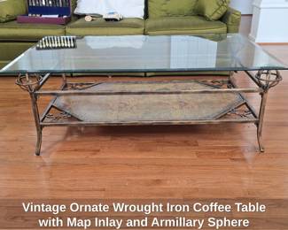 Vintage Ornate Wrought Iron Coffee Table with Map Inlay and Armillary Sphere Accents