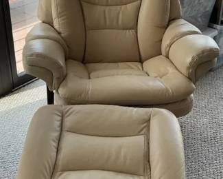 Cream Faux Leather Swivel Recliner Adjustable Back and Ottoman 