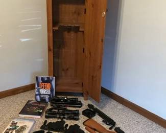 Assortment of Firearm Material and Refurbished Rifle Cabinet 