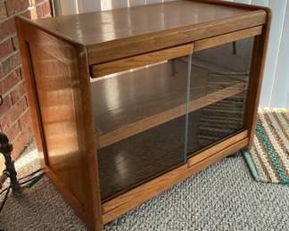 Mid Century Lacquered Oak Rolling TV Stand