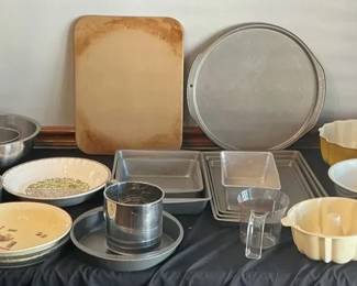 Large Assortment of Baking Pans, Cups Tools