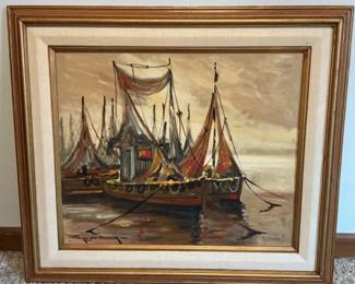 Raymond Scully Painting of Boats In Harbor Signed