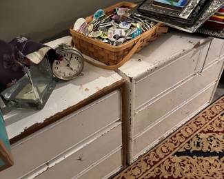 Rustic Distressed White Wooden Blanket Chest Trunk Set – Farmhouse Storage Bench with Shabby Chic Finish- cintage political pins- frames of all sorts - clock- AND MORE!!!