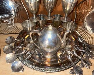Vintage Silver Tea & Cocktail Serving Set – Goblets, Teapot, Tray & Floral Serving Utensils