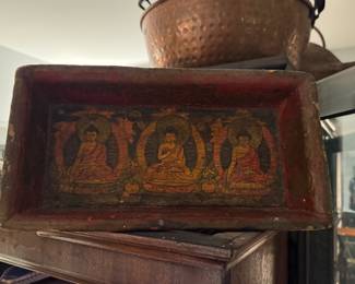 Antique Hand-Painted Buddhist Wooden Panel | Tibetan or Himalayan Religious Art | Vintage Temple Wall Panel | Seated Buddha Figures | Spiritual Decor