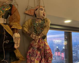 Mid-century Burmese court marionettes, hand-carved and dressed in traditional ceremonial costume, originally used in Yoke thé theatrical performances