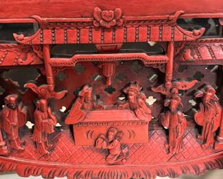 Chinese carved wood altar panel (red lacquer), late Qing–early Republic