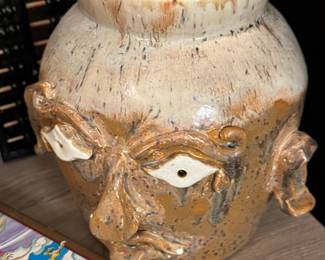 Studio pottery face jar / folk art ceramic head vessel (handbuilt, mid–late 20th c.)