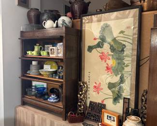 wood Barrister, hammered copper pots, Chinese lotus artwork