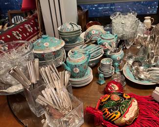 Decorative opera-style or festival mask, (Shou) pattern porcelain setCut crystal champagne flutes  Heavy crystal ice buckets,