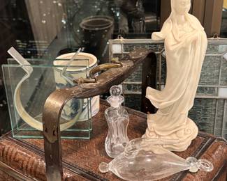 Art Nouveau Leaded Glass Panel-Century Cut Crystal DecanterHand-Blown Glass Oil or Vinegar Cruet,