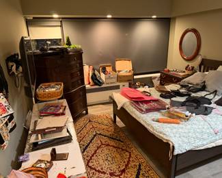 Bedroom filled with menswear, womenswear, vintage purses- longchamp- COACH- MORE! rugs, political pins, furniture, bedding, and MORE