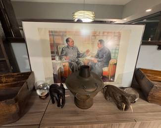 Chinese Carved Wood Wall Mirror with Calligraphic Signboard
	•	Chinese Bronze or Patinated Metal Lidded Ritual Vessel
	•	Hand-Carved Wooden Compartment Storage Box (Apothecary / Market Style)
	•	Hand-Carved Wooden Wall Rack or Ladder Shelf
	•	Carved Wooden Elephant Figurines
	•	Framed Chinese Propaganda-Era Interior Scene Print