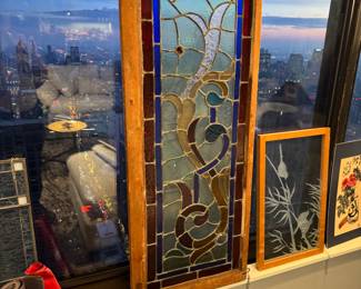 1900-1925Antique Leaded Stained Glass Architectural Window Panel with Wood Frame