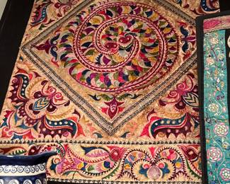 This item is a vintage, handmade Indian embroidered textile art tapestry, likely from Jaipur or the Kutch region. 