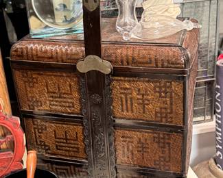 antique Chinese tiered wedding or betrothal basket, traditionally used by the groom's family to carry gifts to the bride's family. 