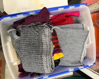 Bin filled with cashmere scarf collection- winter wear- hats- mittens - gloves- scarfs MORE