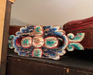 polychromeantique hand-carved and painted wooden architectural ornament, Lotus flower