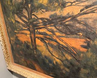 Mid-Century Expressionist Landscape Oil on Canvas – Windblown Tree Scene in Ornate Frame