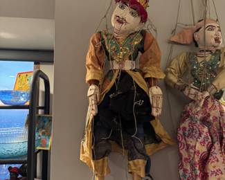 Mid-century Burmese court marionettes, hand-carved and dressed in traditional ceremonial costume, originally used in Yoke thé theatrical performances