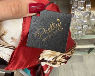 Pretty Persuasions, red and cream floral silk-feel scarf.