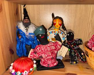 Vintage Folk Art Cloth Doll Group (Wizard, Native American Beaded Figure, & Handmade Characters)