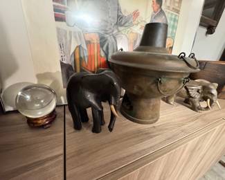 Chinese Carved Wood Wall Mirror with Calligraphic Signboard
	•	Chinese Bronze or Patinated Metal Lidded Ritual Vessel
	•	Hand-Carved Wooden Compartment Storage Box (Apothecary / Market Style)
	•	Hand-Carved Wooden Wall Rack or Ladder Shelf
	•	Carved Wooden Elephant Figurines
	•	Framed Chinese Propaganda-Era Interior Scene Print