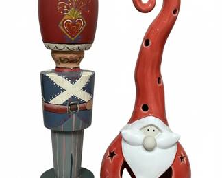 Wooden Toy Soldier and Red Ceramic Santa candleholder