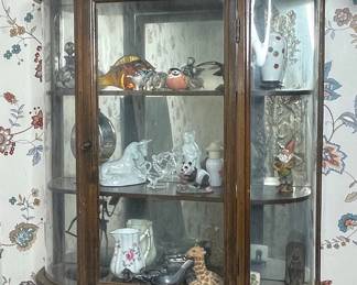 Vintage Oak Curio Cabinet with Curved Glass Doors