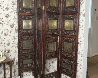 Antique Chinese Carved Rosewood and Brass Screen