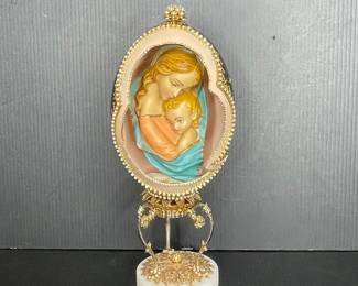 Madonna and Child Decorative Egg Figurine on Ornate Stand