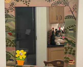 Folk Art Landscape Mirror with Applied Flower