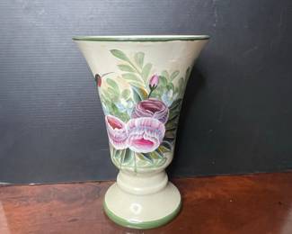 Hand-Painted Ceramic Vase with Floral and Hummingbird Motif Vtg
