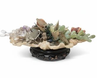 Vintage Carved Jade and Semi-Precious Stone Fruit Arrangement on Shell Base