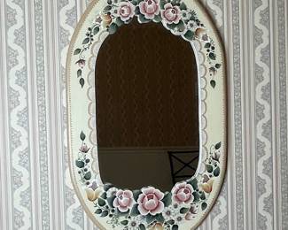 Oval Hand-Painted Floral Mirror Vtg